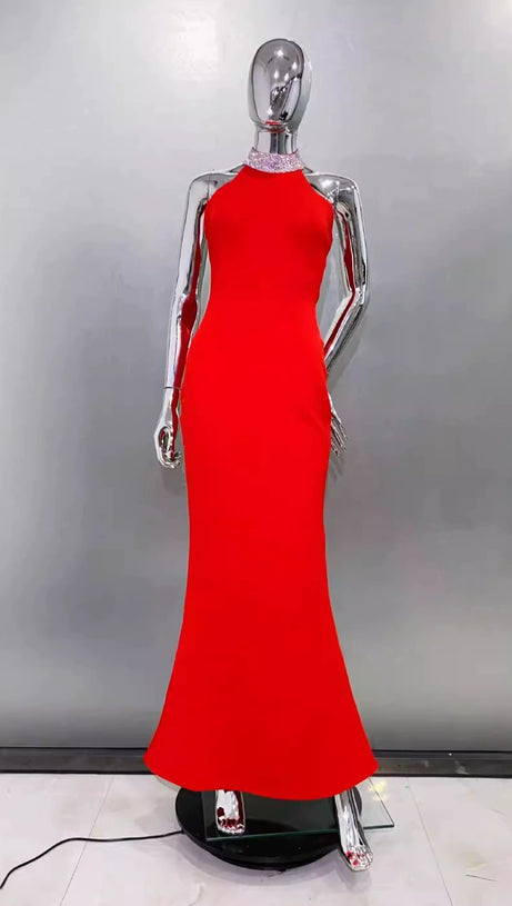 HEDWIG CRYSTAL HALTER SLEEVELESS BODYCON MAXI DRESS IN RED