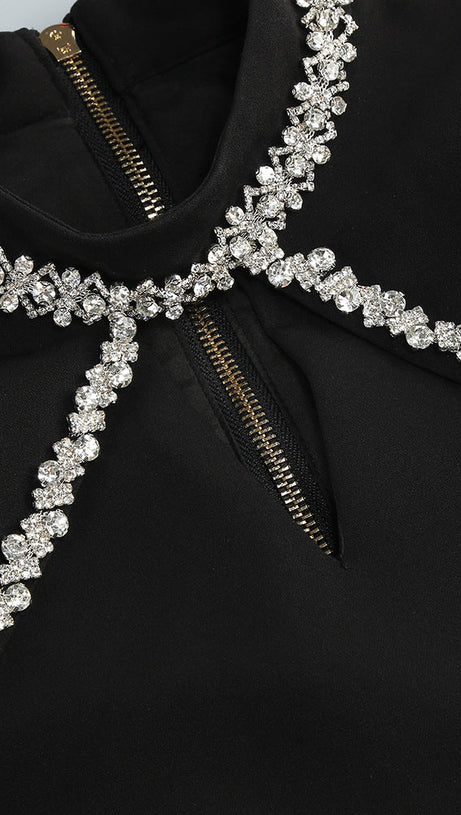 DIAMOND CHAIN EMBELLISHED TRUMPET SLEEVE MINI DRESS IN BLACK