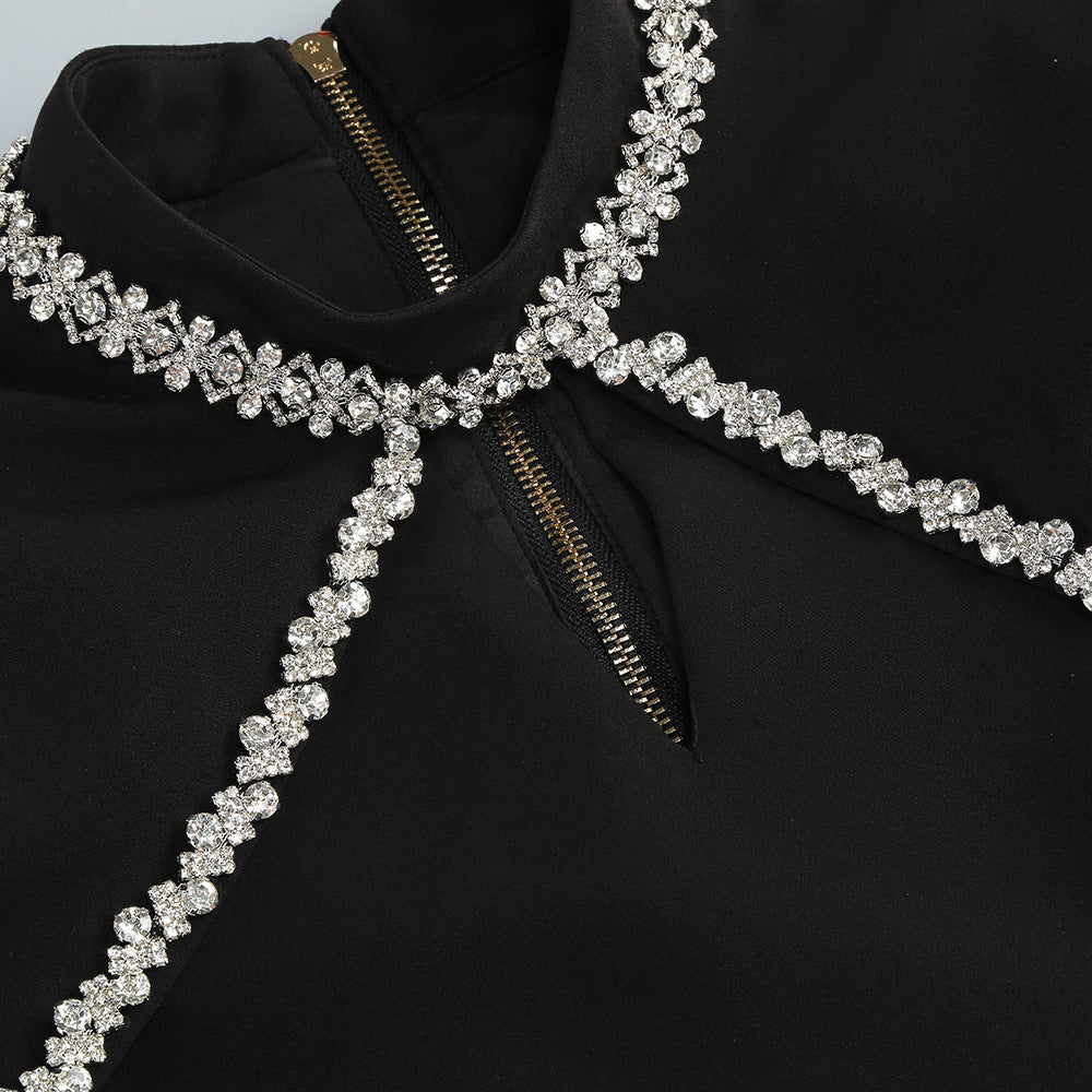 AIIZIE DIAMOND CHAIN EMBELLISHED TRUMPET SLEEVE MINI DRESS IN BLACK - product image