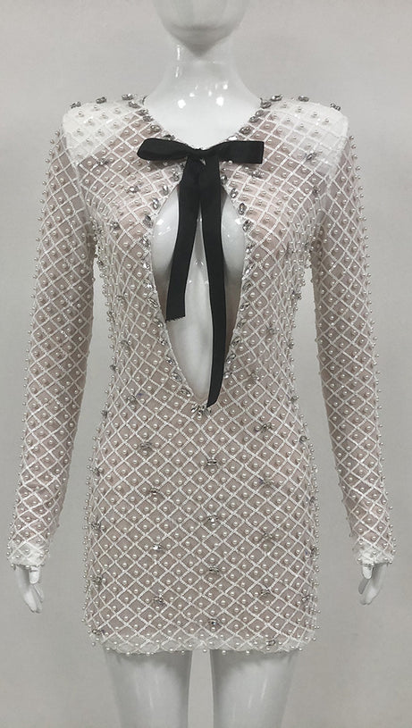 SEXY TUBE TOP MINI DRESS WITH PEARL EMBELLISHMENT