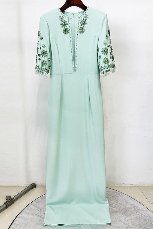 Mint Green Beaded Maxi Gown with Floral Sleeves