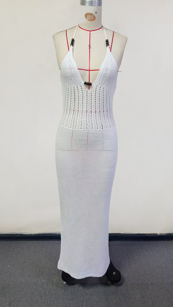 AIIZIE WHITE KNITTED V - NECK HALTER NECKLINE BACKLESS MAXI DRESS - product image