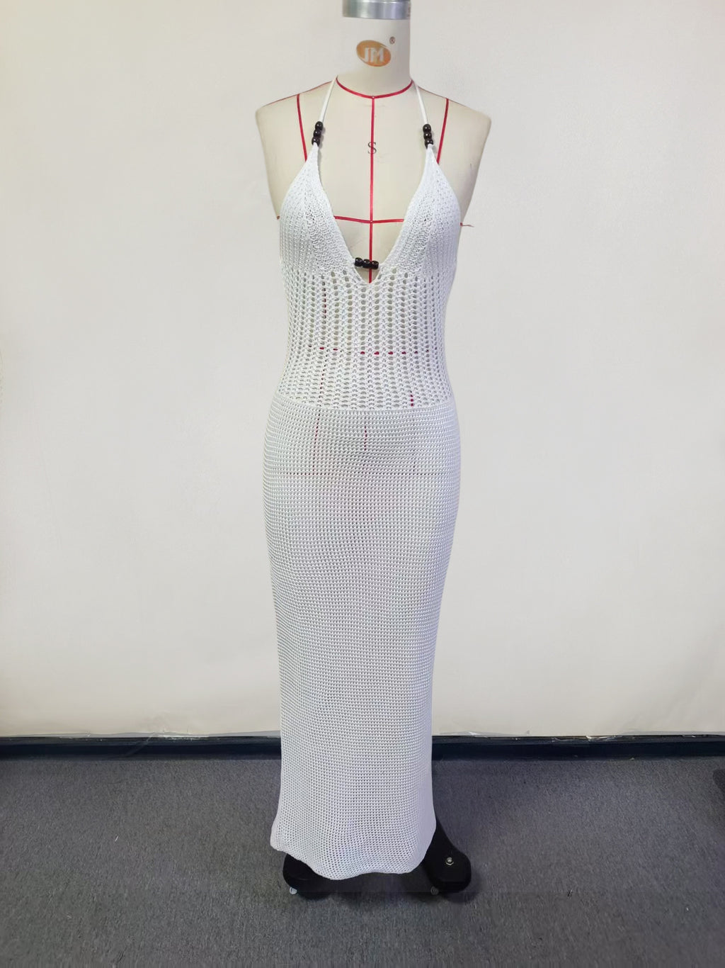 WHITE KNITTED V - NECK HALTER NECKLINE BACKLESS MAXI DRESS