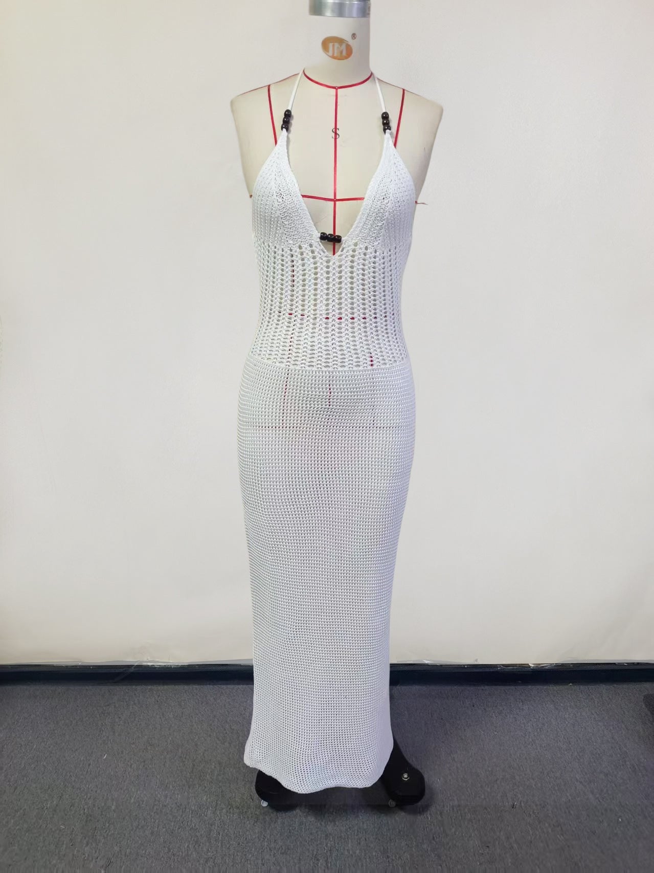 WHITE KNITTED V - NECK HALTER NECKLINE BACKLESS MAXI DRESS