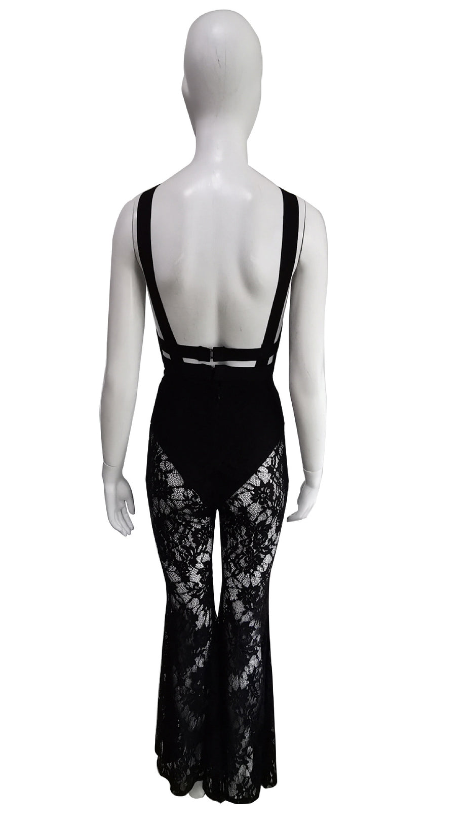 BLACK HALTER NECK LACE JUMPSUIT