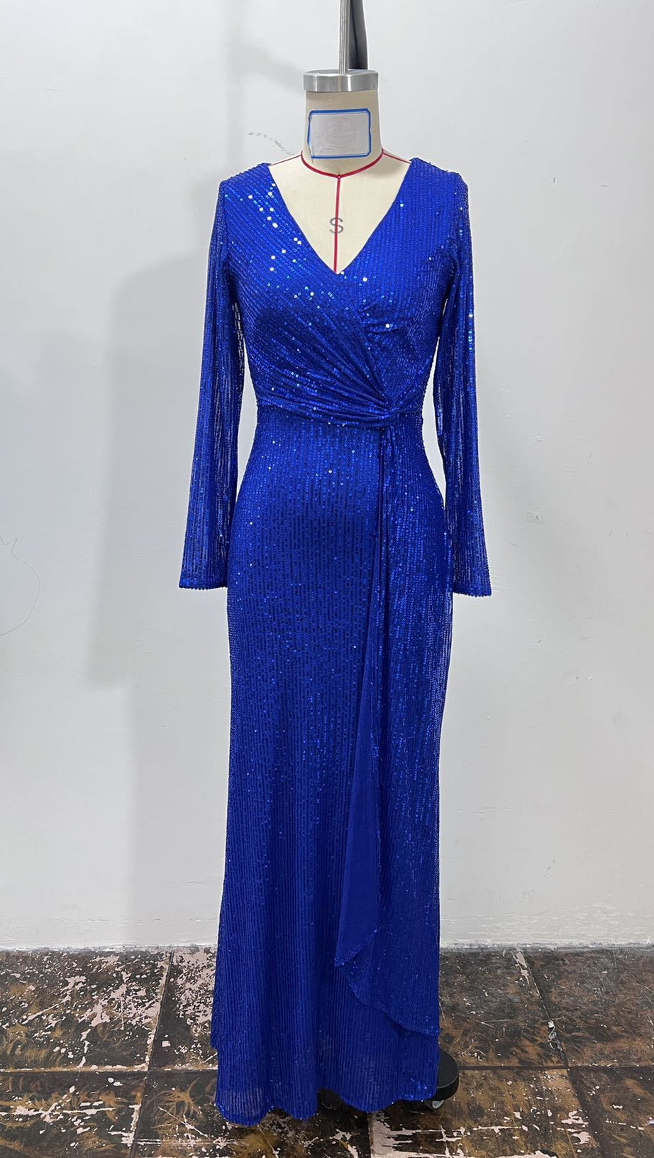 BLUE SEQUINNED LONG - SLEEVED V - NECK MAXI DRESS