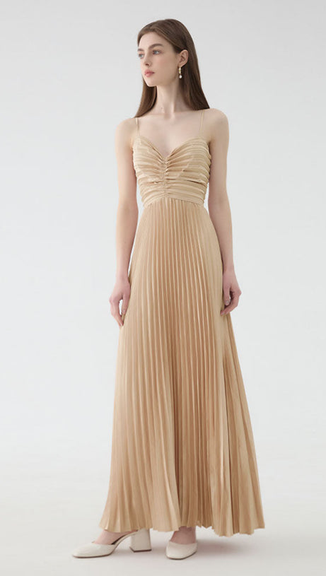 deborah pleated slip maxi dress in apricot
