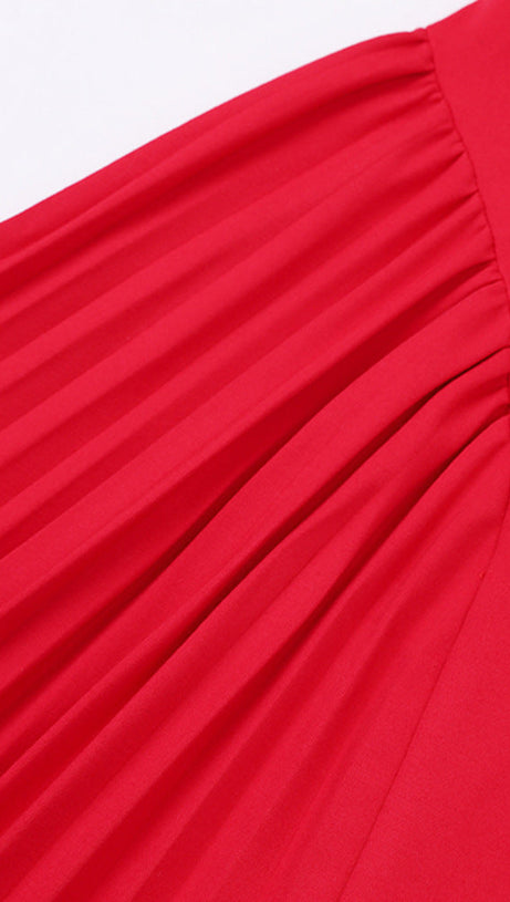 ALBERTA RED ONE SHOULDER SLIT PLEATED MAXI DRESS