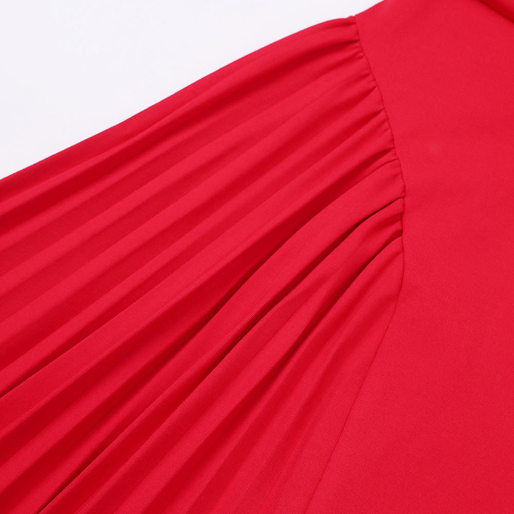AIIZIE ALBERTA RED ONE SHOULDER SLIT PLEATED MAXI DRESS - product image