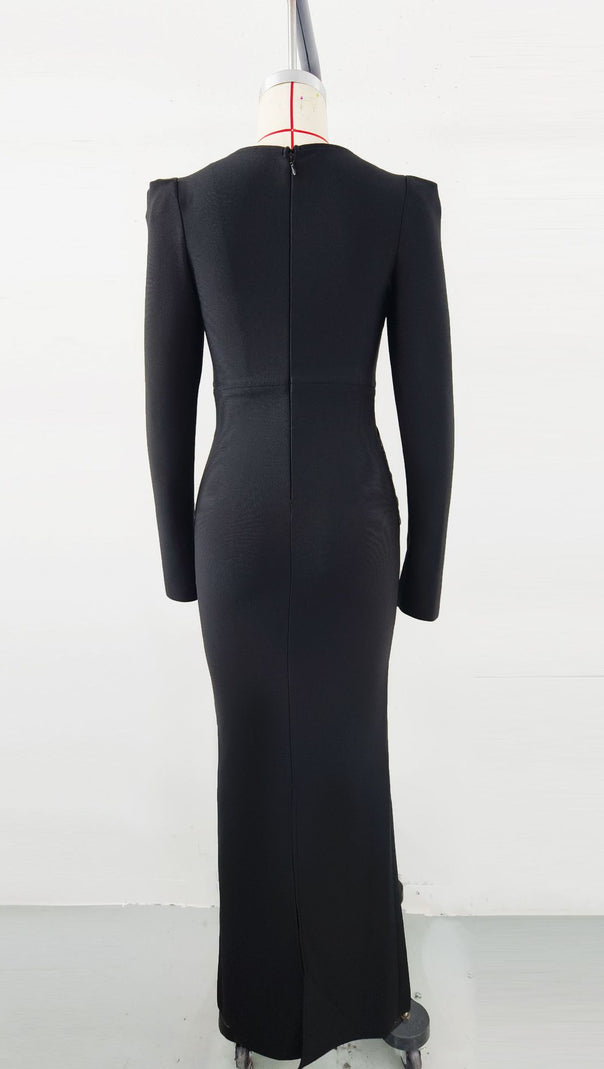 AIIZIE BLACK RADIANCE PADDED SHOULDER HEART CUT SATIN DRESS - product image
