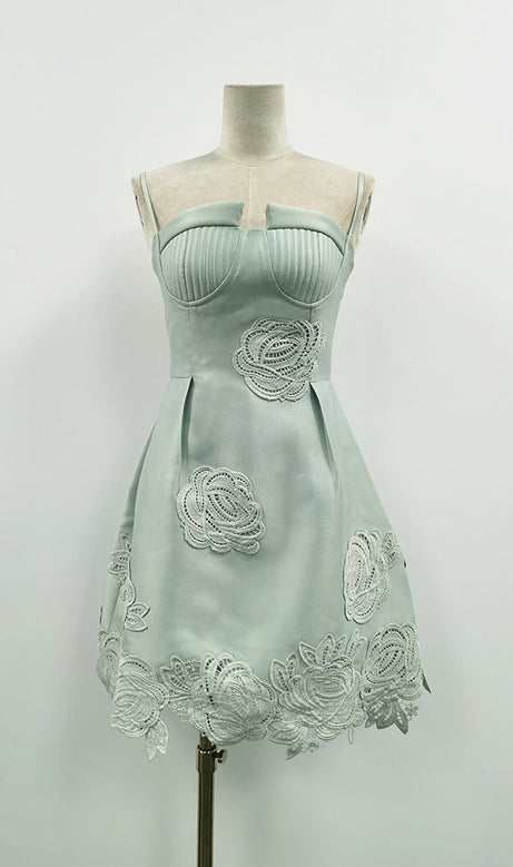 THERA FLOWER EMBELLISHED MINI DRESS IN PALE BLUE