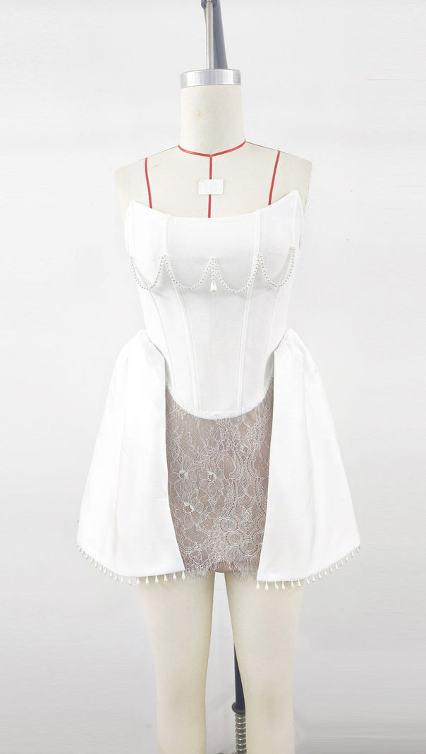 AIIZIE PEARL LACE CORSET DRESS WHITE MINI DRESS - product image