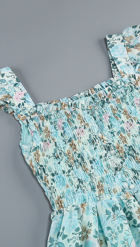 Blaues Midikleid mit Blumenmuster und Rüschen und quadratischem Ausschnitt 