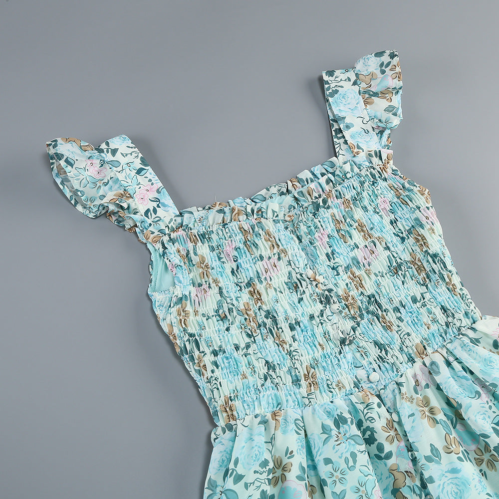 AIIZIE BLUE FLORAL RUFFLED SQUARE NECK MIDI DRESS - product image