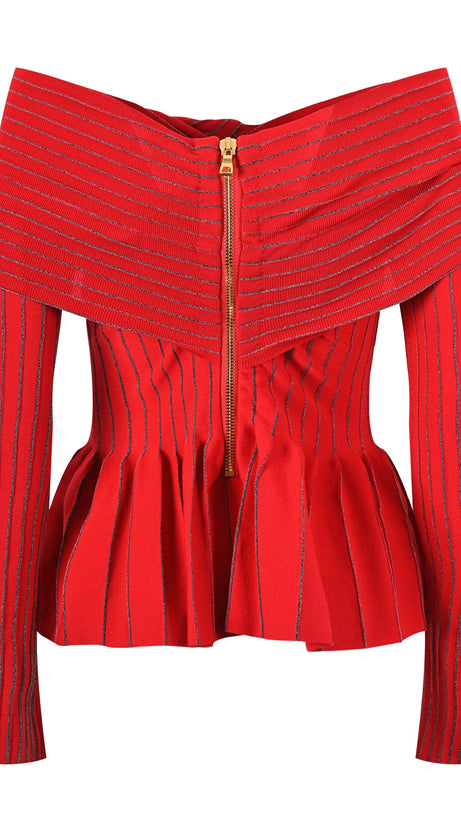 ESTHER STRICK-OFF-SHOULDER-TOP MIT GESTREIFTEN RÜSCHEN