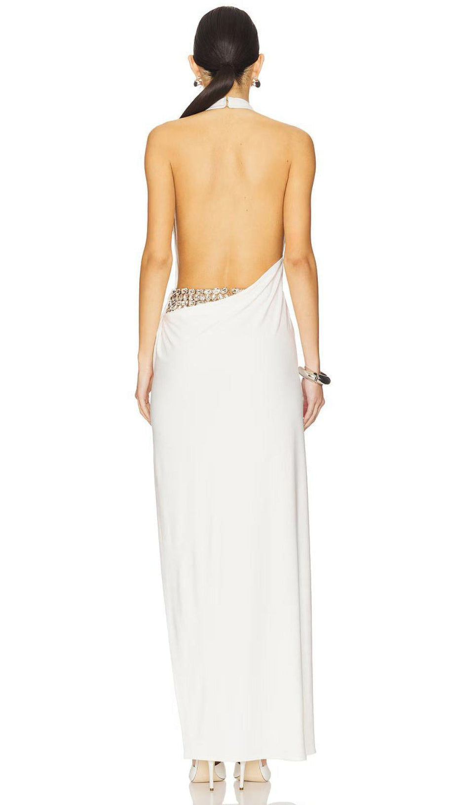ISAURA WHITE BACKLESS RHINESTONE MAXI DRESS