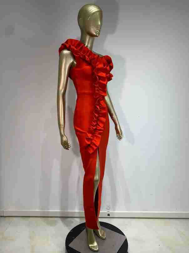 Gerüschtes V-Ausschnitt Schlitz Party Abendkleid Rot