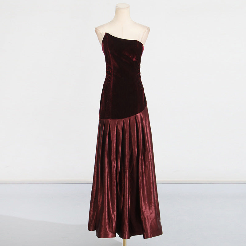 tiffany Irregular splicing strapless maxi dress  - burgundy