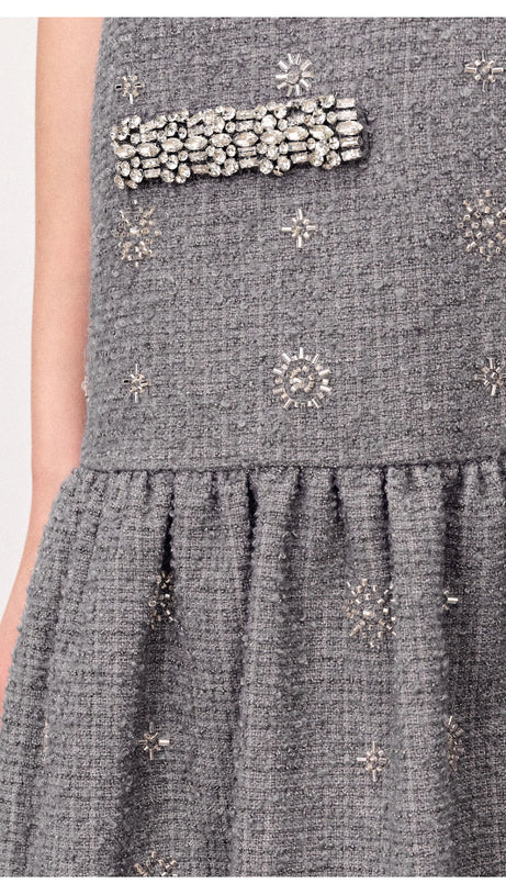 HASANA SPARKLING GREY TWEED SLEEVELESS MINI DRESS WITH CRYSTAL EMBELLISHMENTS