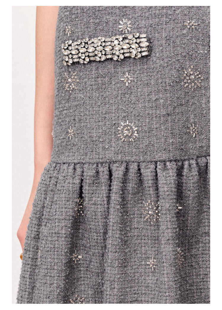 HASANA SPARKLING GREY TWEED SLEEVELESS MINI DRESS WITH CRYSTAL EMBELLISHMENTS