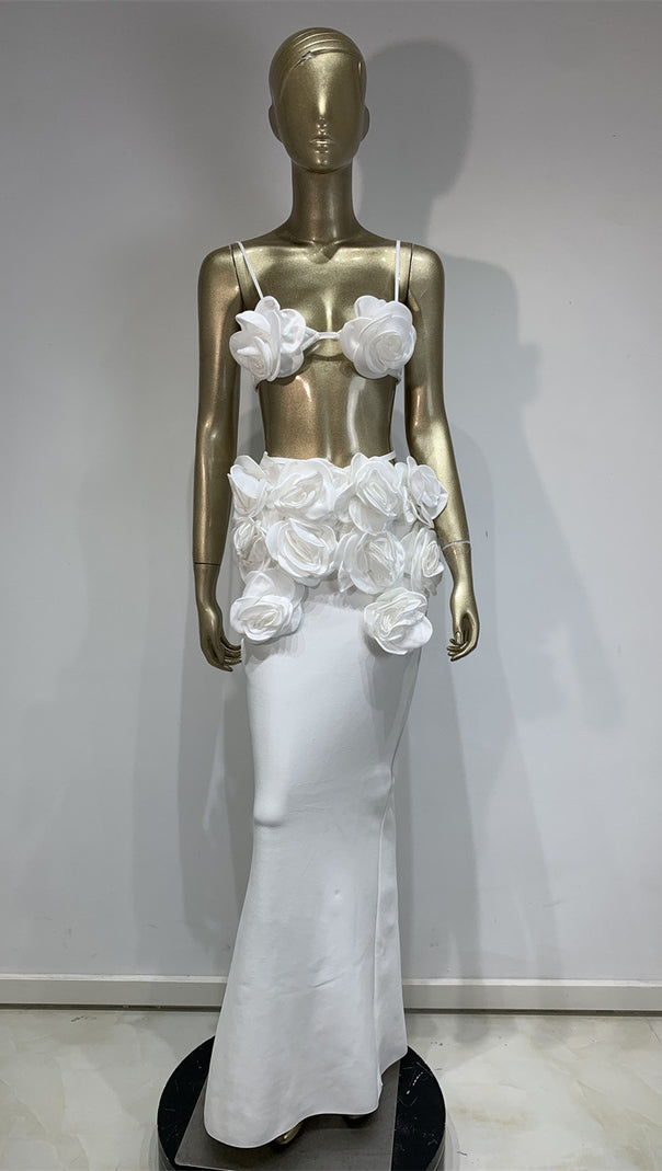 AIIZIE WHITE FLOWERED TOP AND LONG MIDI SKIRT SET - product image