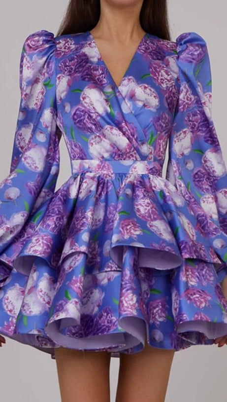 ARABELA BLUE FLORAL SATIN RUFFLE MINI DRESS
