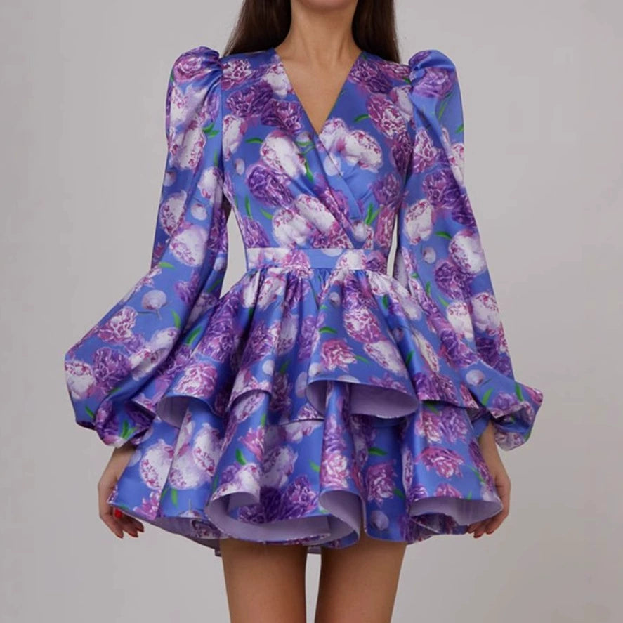 ARABELA BLUE FLORAL SATIN RUFFLE MINI DRESS