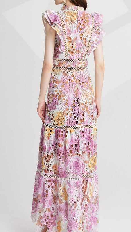 CHLOE HOLLOW OUT FLOWER EMBROIDERY MAXI DRESS IN PINK PURPLE