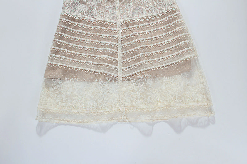 A-LINE SLEEVELESS LACE TEMPERAMENT EMBROIDERED COURT MIDI DRESS