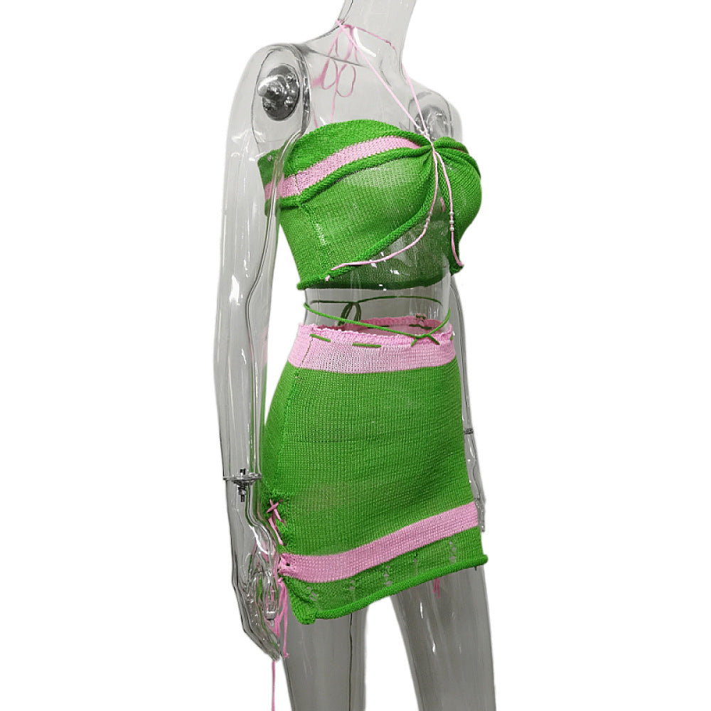 AIIZIE GREEN COLOR - BLOCKED PEARL HALTER KNITTED SET - product image