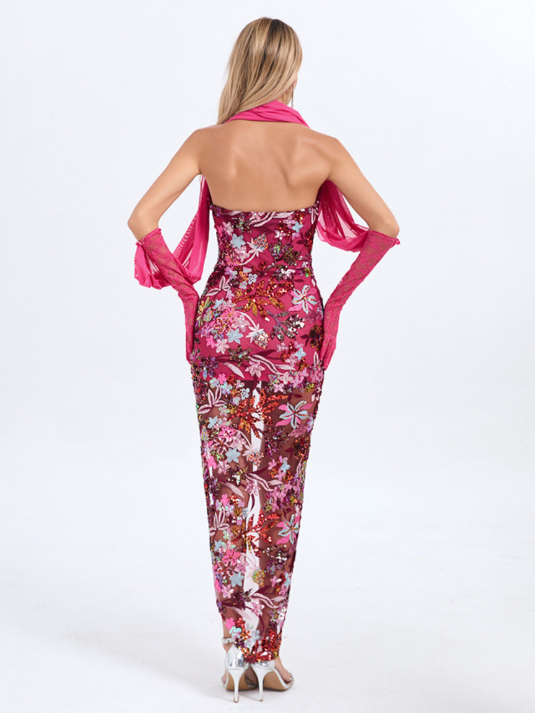 AIIZIE STRAPLESS FLORAL SEQUINS EMBROIDERY BODYCON GOWN MAXI DRESS - product image