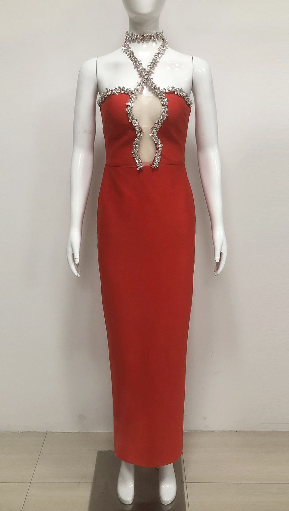 DIAMOND-EMBELLISHED HALTERNECK FITTED BANDAGE MAXI DRESS RED