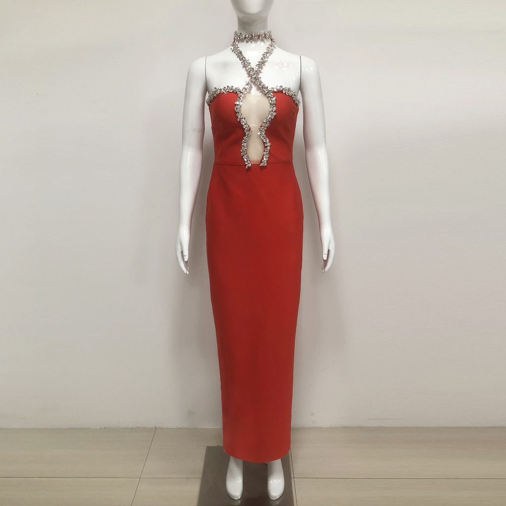 DIAMOND-EMBELLISHED HALTERNECK FITTED BANDAGE MAXI DRESS RED
