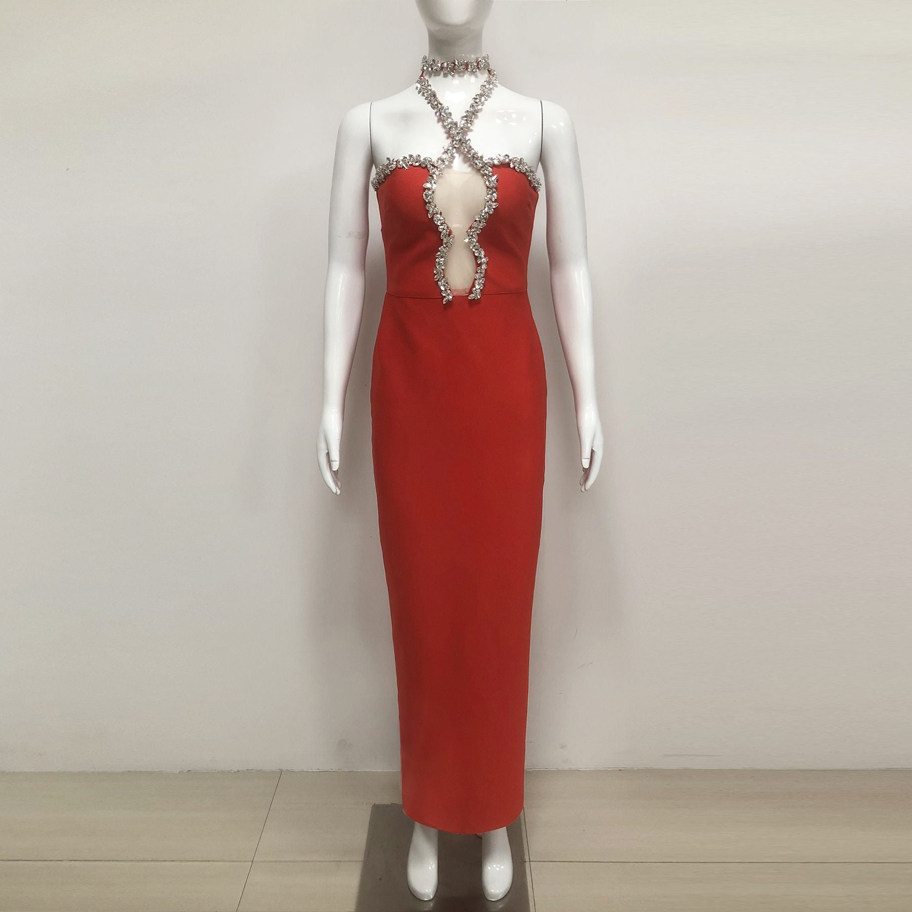 DIAMOND-EMBELLISHED HALTERNECK FITTED BANDAGE MAXI DRESS RED