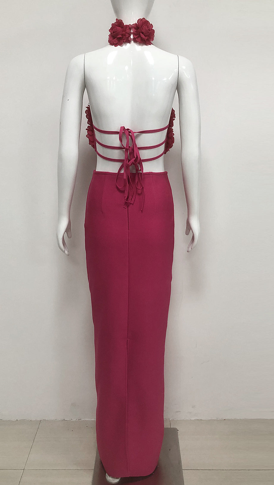 FUCHSIA HALTER NECK BANDAGE MAXI DRESS