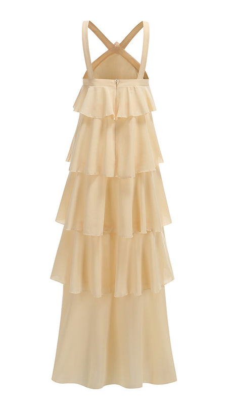 BEIGE TIERED HALTER NECK CHIFFON MAXI DRESS