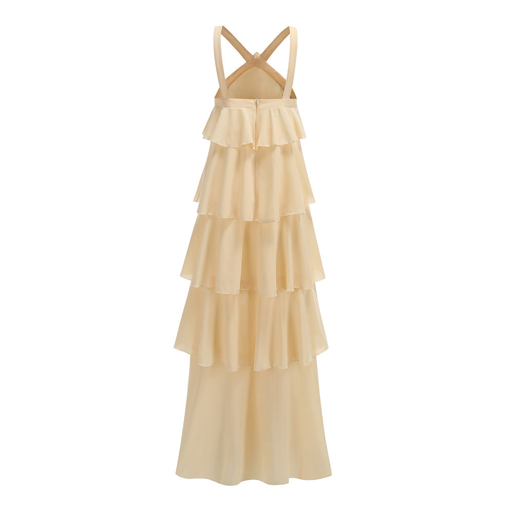 AIIZIE BEIGE TIERED HALTER NECK CHIFFON MAXI DRESS - product image