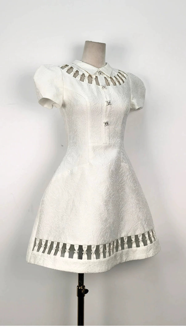 AIIZIE EARTHA WHITE PUFFY HOLLOW BROCADE MINI DRESS - product image