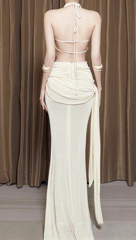 CAROL RUCHED HALTER BODYCON MAXI DRESS IN WHITE