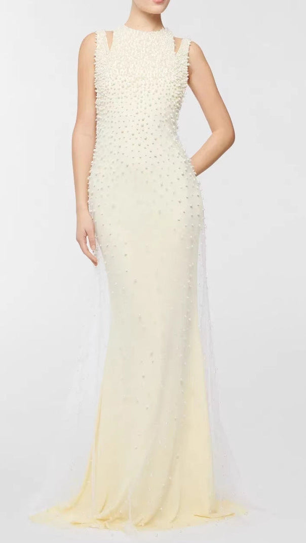 AIIZIE Pearl-Tassel Off-Shoulder Fishtail Maxi Dress in Butter Yellow - product image