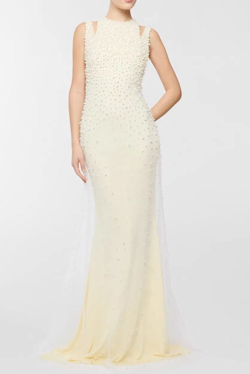 Pearl-Tassel Off-Shoulder Fishtail Maxi Dress in Butter Yellow