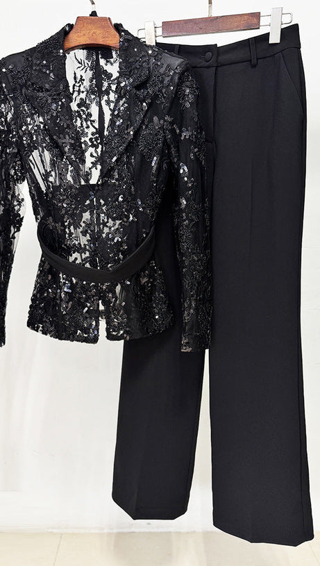 Mesh embroidered beaded jacket & trousers 2-piece set - black