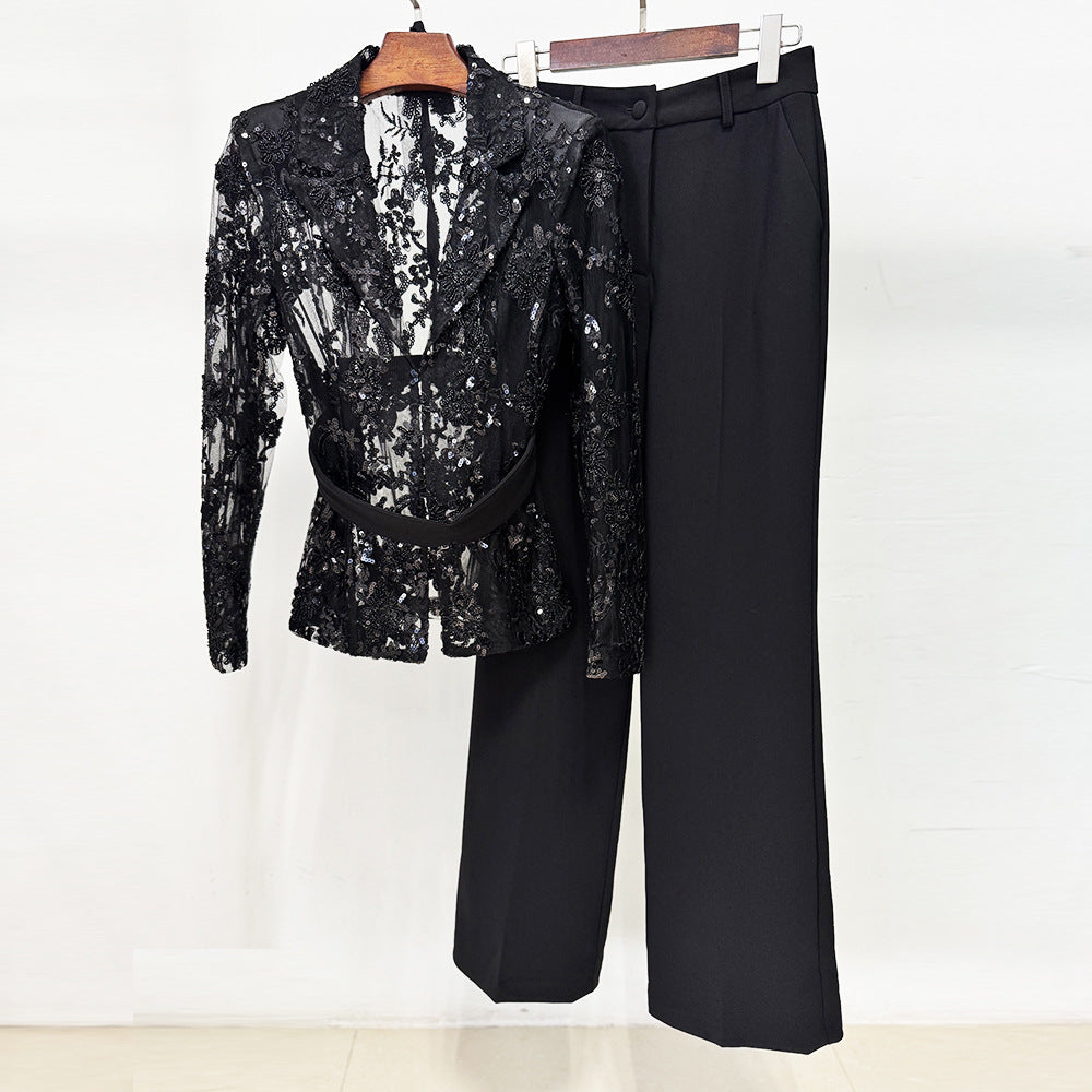 AIIZIE Beaded Mesh Jacket and Trouser Set in Black - product image