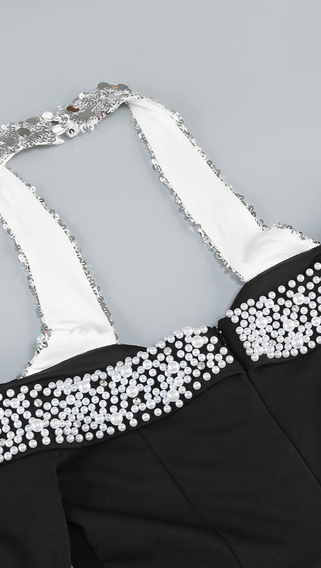 HALTER PEARL CRYSTAL-TRIM GOWN IN BLACK