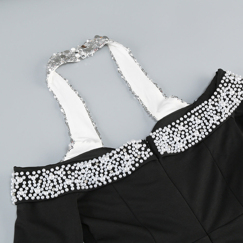 AIIZIE HALTER PEARL CRYSTAL-TRIM GOWN IN BLACK - product image