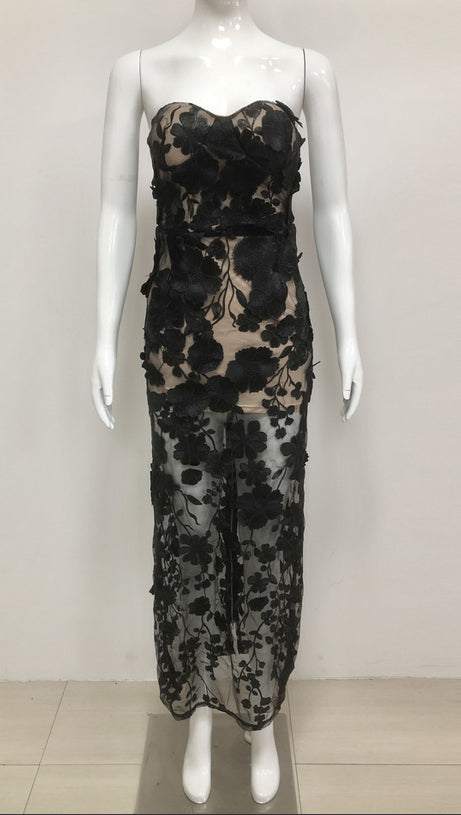 OFF-SHOULDER WITH 3D MESH EMBROIDERED SEQUINS MAXI DRESS BLACK