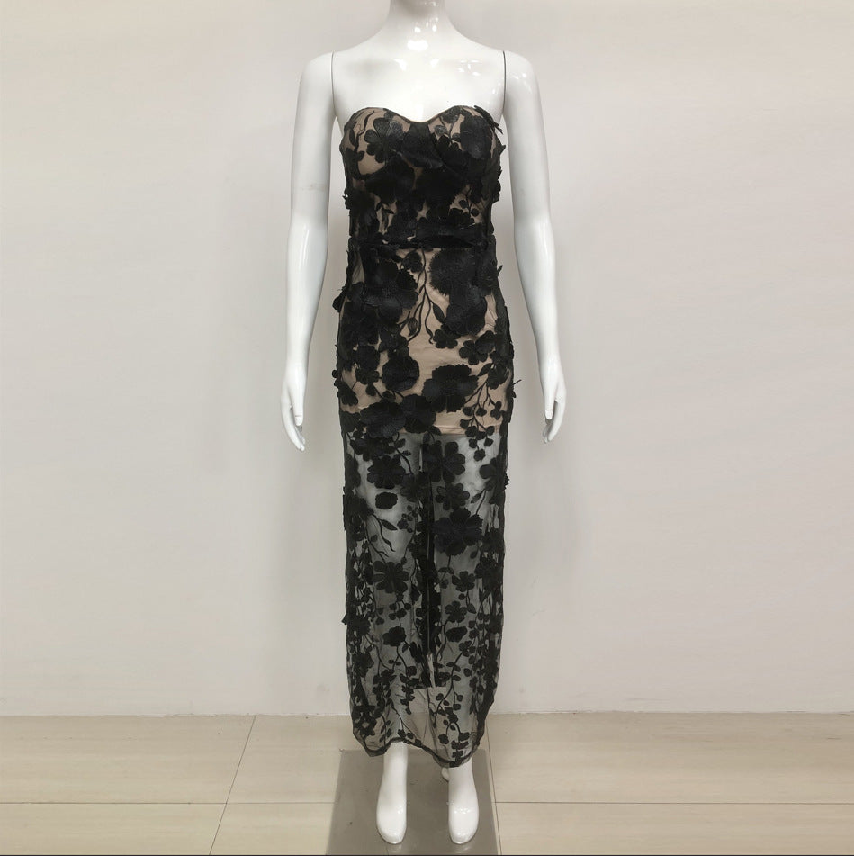 AIIZIE OFF-SHOULDER WITH 3D MESH EMBROIDERED SEQUINS MAXI DRESS BLACK - product image