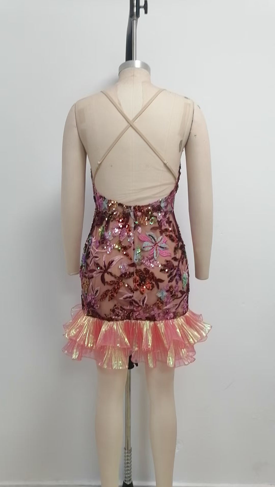 RED FLORAL EMBROIDERY STRAP MESH-PANELLED MINI DRESS