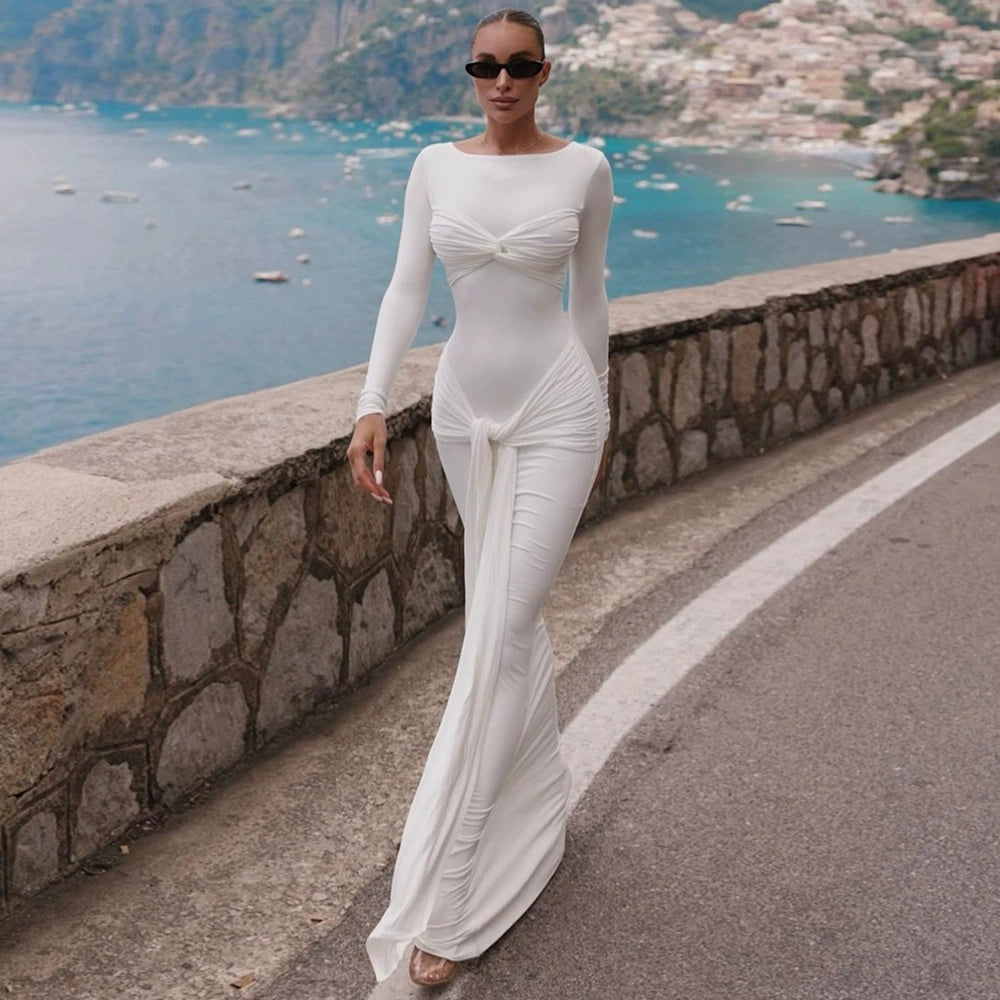 AIIZIE ROUND NECK RIBBON KNOT MAXI DRESS IN WHITE - product image