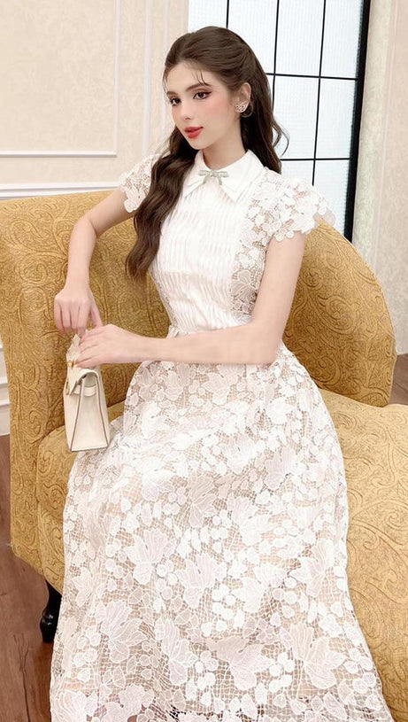 leila white 3D Flower embroidery Bow Lace midi Dress